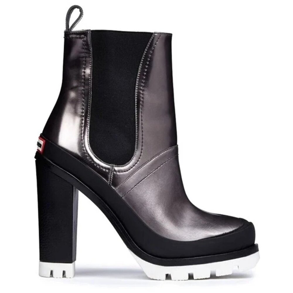 $300 HUNTER ORIGINAL HEEL CHELSEA BOOT LEATHER SILVER BLACK 6.5 UK 8.5 US (TE15)